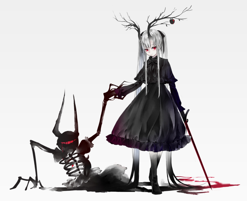 1girl absurdly_long_hair apple black_bow black_dress bleeding blood bone bow branch closed_mouth dress dripping food fruit highres holding holding_hands holding_sword holding_weapon horns long_hair necromancer original red_eyes ribs sanamisa skeleton standing sword tied_hair twintails very_long_hair weapon