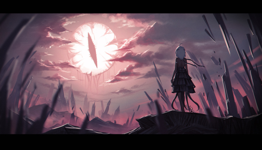 1girl ahoge arms_at_sides black_dress bodystocking cloud cloudy_sky cthulhu_mythos destruction dress eldritch_abomination glowing glowing_eye highres original rubble ruins scenery sky slit_pupils tentacles white_hair yurichtofen
