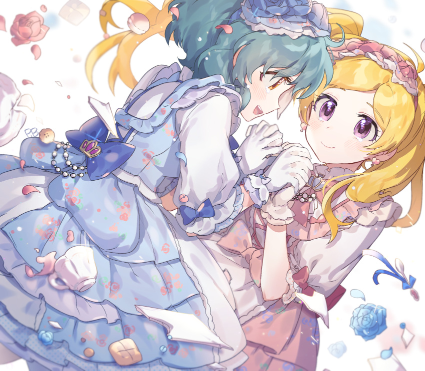 2girls bangs black_hair blonde_hair blue_bow blue_dress blue_eyes blue_flower bow commentary_request dress emily_stewart eyebrows_visible_through_hair flower gloves hair_flower hair_ornament highres holding_hands idolmaster idolmaster_million_live! idolmaster_million_live!_theater_days long_hair multiple_girls parted_bangs pink_dress pink_flower ranobigi0820 short_hair smile tokugawa_matsuri twintails white_gloves