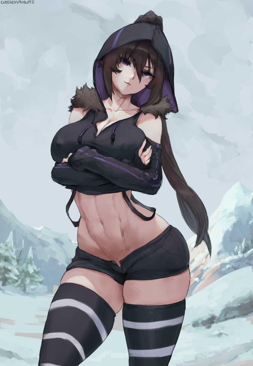 1girl absurdres black_hair black_legwear black_shorts breasts cleavage commission crossed_arms cutesexyrobutts highres hood hoodie large_breasts light_smile looking_at_viewer midriff navel original paid_reward parted_lips patreon_reward short_hair short_shorts shorts signature skindentation snow solo striped striped_legwear thighhighs white_legwear