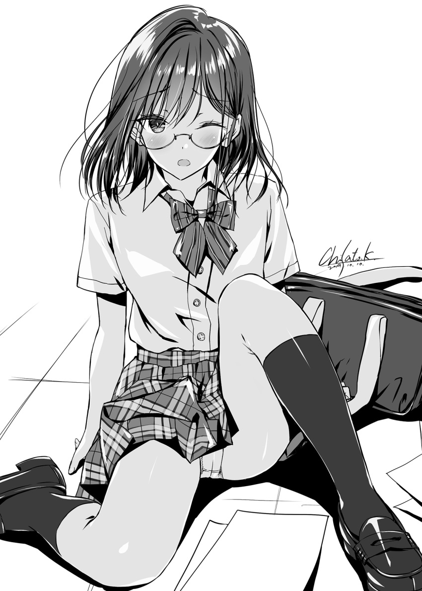 artist_name bag blush bow bowtie checkered checkered_skirt collared_shirt eyebrows_visible_through_hair floor glasses greyscale hair_between_eyes highres holding holding_bag kobayashi_chisato leg_up looking_at_viewer lucky_pervert monochrome one_eye_closed open_mouth original panties paper school_uniform shirt shoes short_hair short_sleeves sitting skirt socks striped striped_neckwear underwear