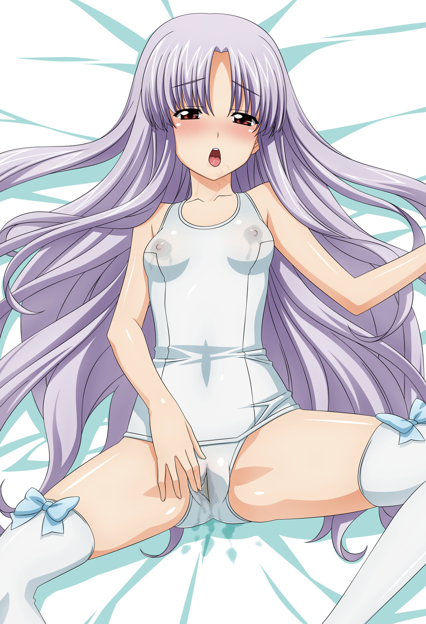 azmaria_hendric bed_sheet blush breasts chrono_crusade covered_nipples drooling highres long_hair lying on_back one-piece_swimsuit open_mouth purple_hair pussy pussy_juice red_eyes saliva school_swimsuit small_breasts solo spread_legs spread_pussy spread_pussy_under_clothes sugimura_tomokazu swimsuit thighhighs tongue very_long_hair wet wet_clothes white_legwear white_school_swimsuit white_swimsuit