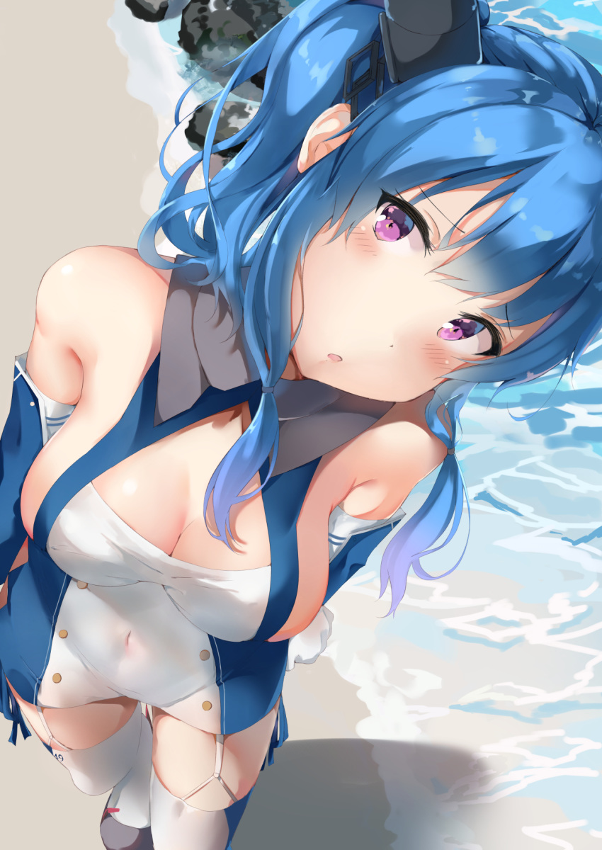 1girl argyle_cutout arms_at_sides azur_lane bangs bare_shoulders blue_dress blue_gloves blue_hair blue_legwear blush breasts cleavage cleavage_cutout commentary covered_navel dress elbow_gloves eyebrows_visible_through_hair foreshortening from_above garter_straps gloves hair_ornament hair_over_shoulder head_tilt highres long_hair looking_at_viewer medium_breasts open_mouth ponyaru purple_eyes rock sand shadow shore side_ponytail sideboob sidelocks solo st._louis_(azur_lane) strapless strapless_dress thighhighs thighs two-tone_dress water white_dress white_gloves white_legwear