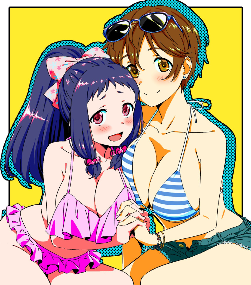 2girls bikini blush bracelet breasts brown_hair cleavage collarbone commentary_request denim denim_shorts dr._gero_(staedtler_0508) earrings eyewear_on_head frilled_bikini frills hair_ribbon hands_clasped hands_together highres idolmaster idolmaster_cinderella_girls jewelry large_breasts long_hair looking_at_viewer multicolored multicolored_background multiple_girls oikawa_shizuku oonuma_kurumi open_mouth own_hands_together pink_bikini ponytail purple_hair ribbon short_hair shorts smile striped striped_bikini striped_bikini_top sunglasses swimsuit