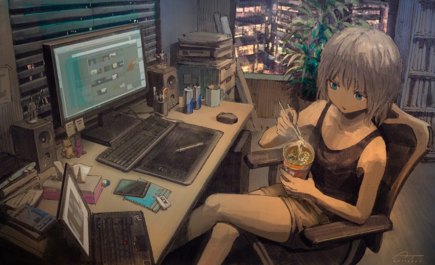 1girl apartment bangs bare_arms bare_shoulders black_tank_top blinds blue_eyes bookshelf brown_legwear building cable can cellphone chair chopsticks coffee_mug collarbone computer computer_tower crossed_legs cup cup_ramen dated desk drawer drawing_tablet eating energy_drink eraser figure food highres holding holding_chopsticks holding_cup keyboard_(computer) laptop monitor mouse_(computer) mug night no_nose noodles notebook office_chair open_mouth original pen_holder phone plant potted_plant ramen short_hair shorts signature sitting smartphone soda_can speaker steam sticky_note stylus tank_top tape thinkpad tissue_box tokunaga_akimasa white_hair window