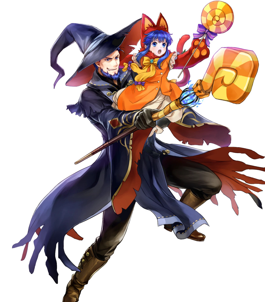 1boy 1girl alternate_costume animal_hat beard belt blue_eyes blue_hair boots bow candy carrying cat_hat cat_paws cat_tail facial_hair father_and_daughter fire_emblem fire_emblem:_the_blazing_blade fire_emblem_heroes food full_body gloves halloween halloween_costume hat hector_(fire_emblem) highres lilina_(fire_emblem) long_hair official_art open_mouth paws pumpkin staff tail teeth transparent_background wada_sachiko witch_hat