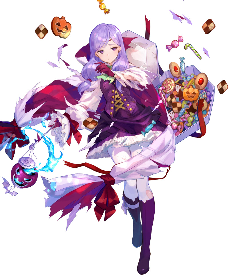 1girl alternate_costume bangs boots breasts buttons candy cape circlet closed_mouth detached_sleeves dress eyebrows_visible_through_hair fire_emblem fire_emblem:_path_of_radiance fire_emblem:_radiant_dawn fire_emblem_heroes food fuji_choko full_body gloves hair_ornament halloween_costume highres holding ilyana_(fire_emblem) jewelry knee_boots long_hair long_sleeves looking_away medium_breasts official_art pantyhose purple_eyes purple_footwear purple_gloves purple_hair shiny shiny_hair short_dress skirt solo tied_hair torn_clothes transparent_background white_legwear