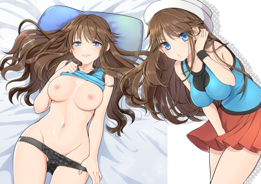 bangs bed_sheet between_legs black_panties blue_(pokemon) blue_eyes blue_shirt breasts brown_hair cleavage closed_mouth collarbone earrings eyebrows_visible_through_hair floating_hair from_above groin hair_between_eyes hand_between_legs hand_in_hair hat jewelry large_breasts leaning_forward lifted_by_self long_hair looking_at_viewer lying miniskirt mokorei nipples on_back panties panty_pull pleated_skirt pokemon pokemon_(game) pokemon_frlg pokemon_special pulled_by_self red_skirt shiny shiny_hair shirt shirt_lift skirt sleeveless sleeveless_shirt underwear very_long_hair white_headwear