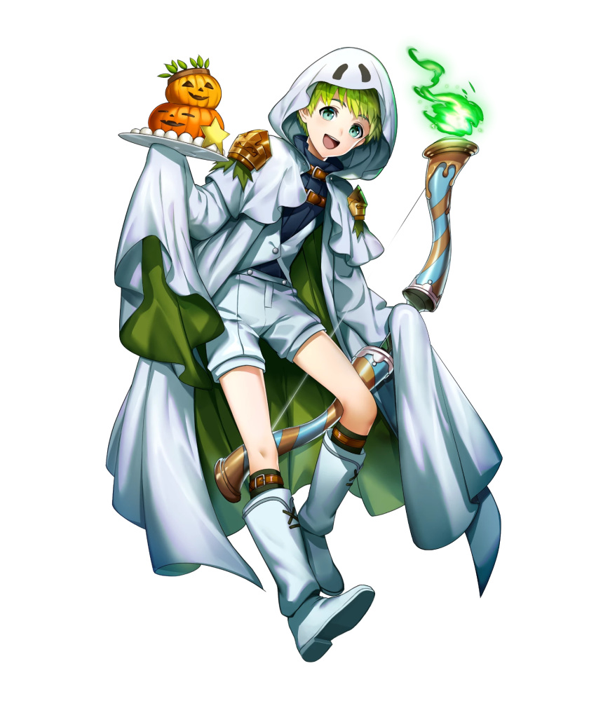 1boy alternate_costume blue_eyes boots bow_(weapon) cake cape fire fire_emblem fire_emblem:_path_of_radiance fire_emblem_heroes food full_body ghost_costume green_hair halloween halloween_costume highres mikurou_(nayuta) official_art open_mouth pumpkin rolf_(fire_emblem) solo star teeth transparent_background weapon