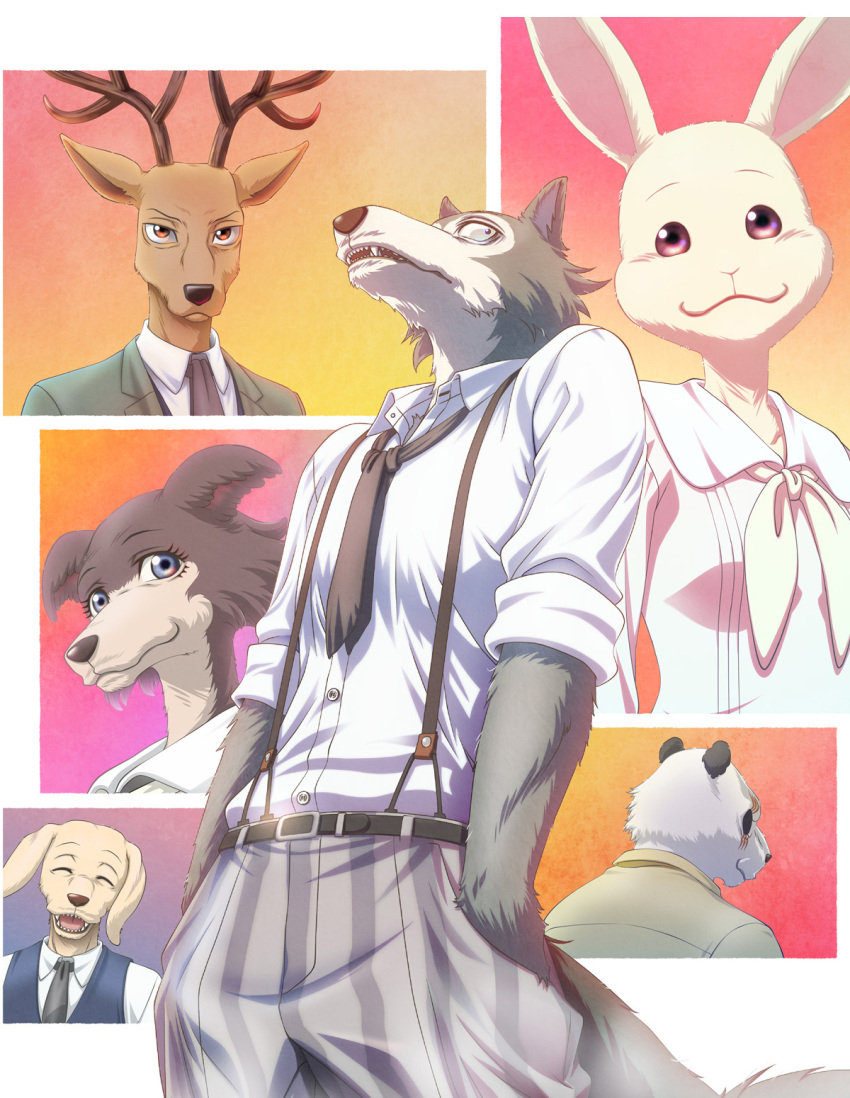 2girls 4boys beastars belt blue_eyes bunny collage collared_shirt deer dog formal haru_(beastars) highres horn key_visual legosi louis_(beastars) multiple_boys multiple_girls neckerchief necktie official_art panda pants red_eyes scar scar_across_eye school_uniform shirt sleeves_rolled_up smile striped suit suspenders third-party_edit vertical-striped_pants vertical_stripes vest white_shirt wolf