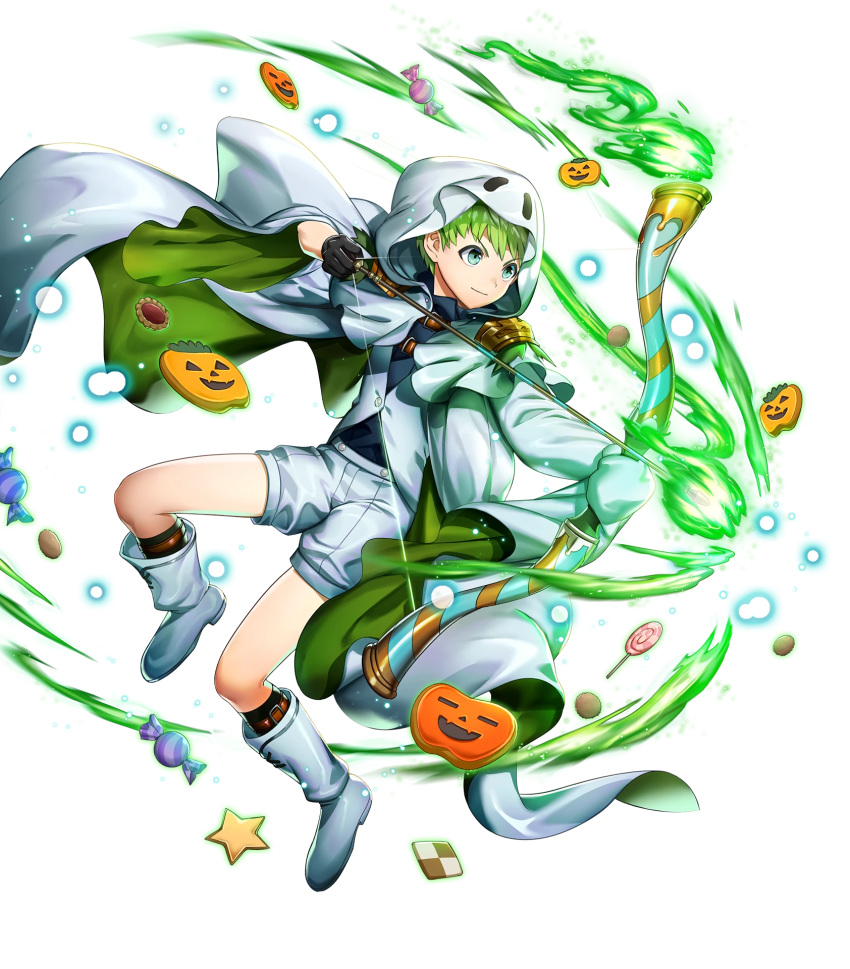 1boy alternate_costume arrow blue_eyes boots bow_(weapon) cake candy cape checkerboard_cookie cookie fire fire_emblem fire_emblem:_path_of_radiance fire_emblem_heroes food full_body ghost_costume gloves green_hair halloween halloween_costume highres mikurou_(nayuta) official_art pumpkin rolf_(fire_emblem) solo transparent_background weapon