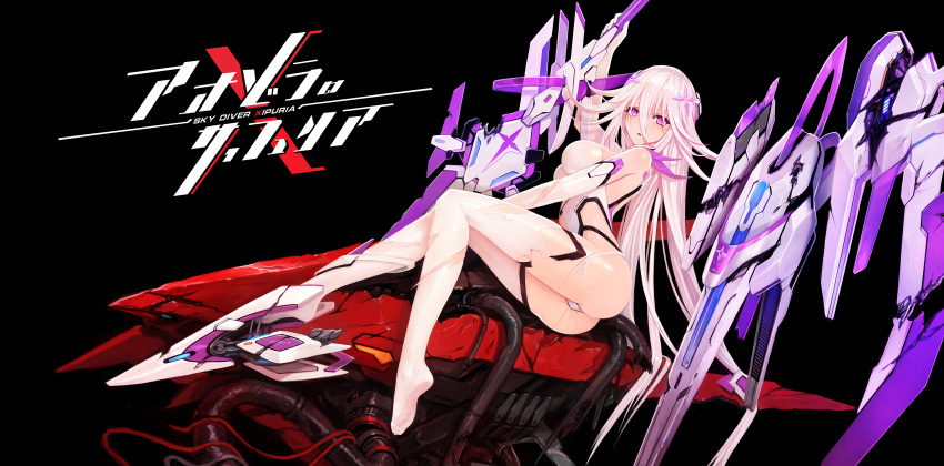 1girl absurdres ass bangs black_background breasts elbow_gloves gloves hair_between_eyes hair_ornament highres large_breasts leotard long_hair looking_at_viewer mecha_musume original parts_exposed pink_eyes pink_hair solo thighhighs torn_clothes white_gloves white_legwear white_leotard zhuore_zhi_hen