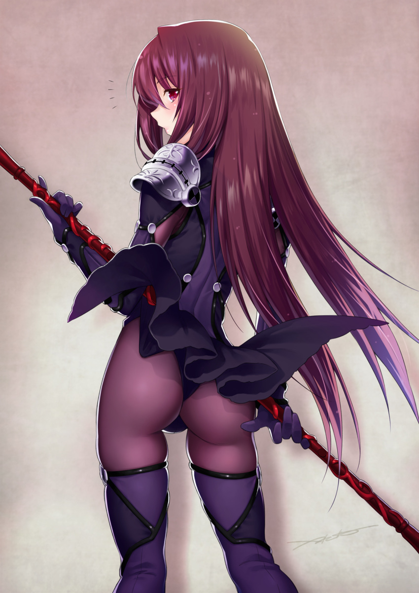 1girl ass bangs blush bodysuit commentary fate_(series) from_behind gae_bolg highres holding holding_spear holding_weapon kazuma_muramasa long_hair looking_at_viewer pauldrons polearm purple_eyes purple_hair scathach_(fate)_(all) scathach_(fate/grand_order) sidelocks signature solo spear standing thigh_gap very_long_hair weapon