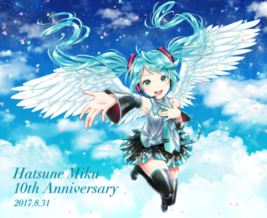 1girl 2017 :d angel_wings anniversary asami_(undoundo) black_footwear black_skirt black_sleeves blue_hair blue_neckwear blue_sky boots character_name cloud dated detached_sleeves dress_shirt feathered_wings floating_hair full_body green_eyes grey_shirt hair_ornament hatsune_miku headphones headset highres long_hair long_sleeves looking_at_viewer microphone miniskirt necktie open_mouth outstretched_arm pleated_skirt shiny shiny_hair shirt skirt sky sleeveless sleeveless_shirt smile solo sparkle thigh_boots thighhighs twintails very_long_hair vocaloid white_wings wings zettai_ryouiki