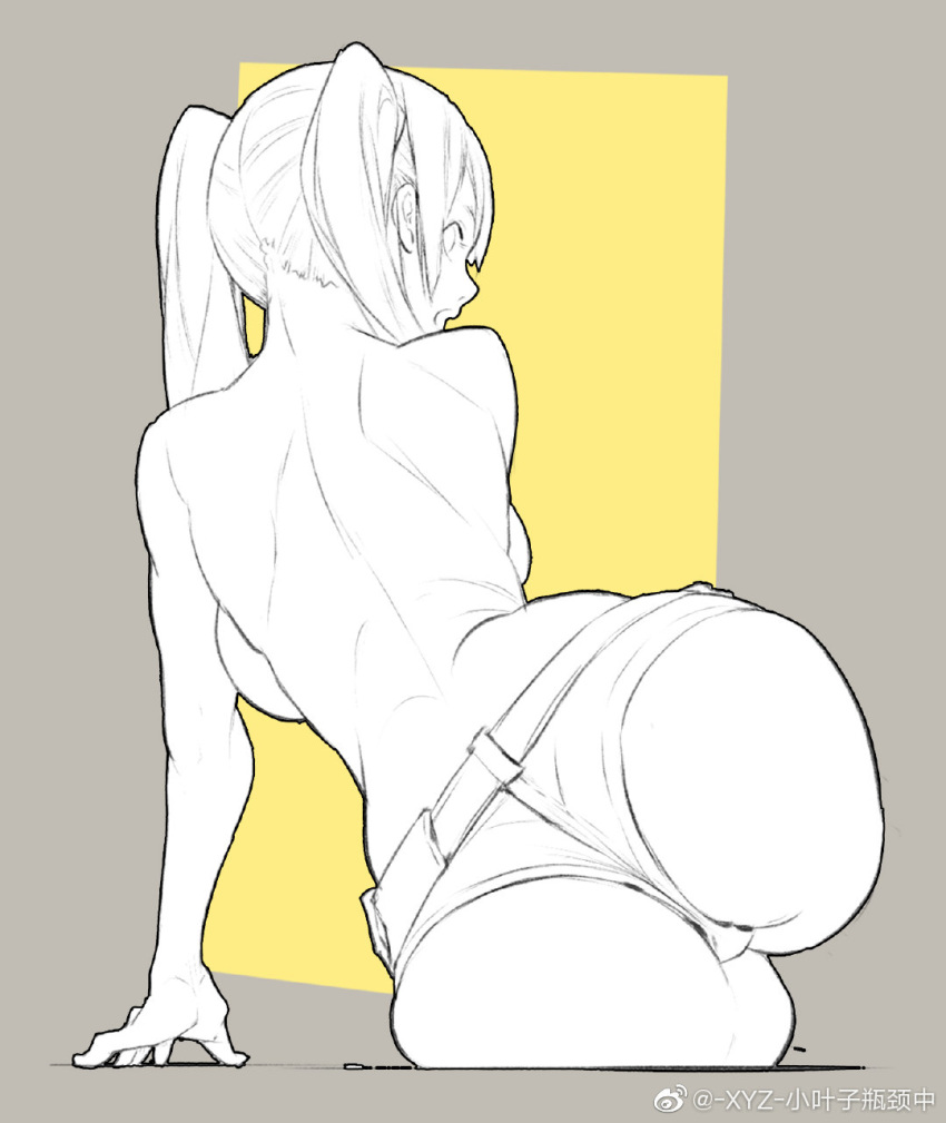 1girl arm_support ass back backboob breasts cropped_legs highres large_breasts long_hair looking_back micro_shorts monochrome open_mouth original outside_border profile short_shorts shorts simple_background sitting sketch solo topless twintails two-tone_background weibo_username wide_hips xyz_(xiaoyezi)