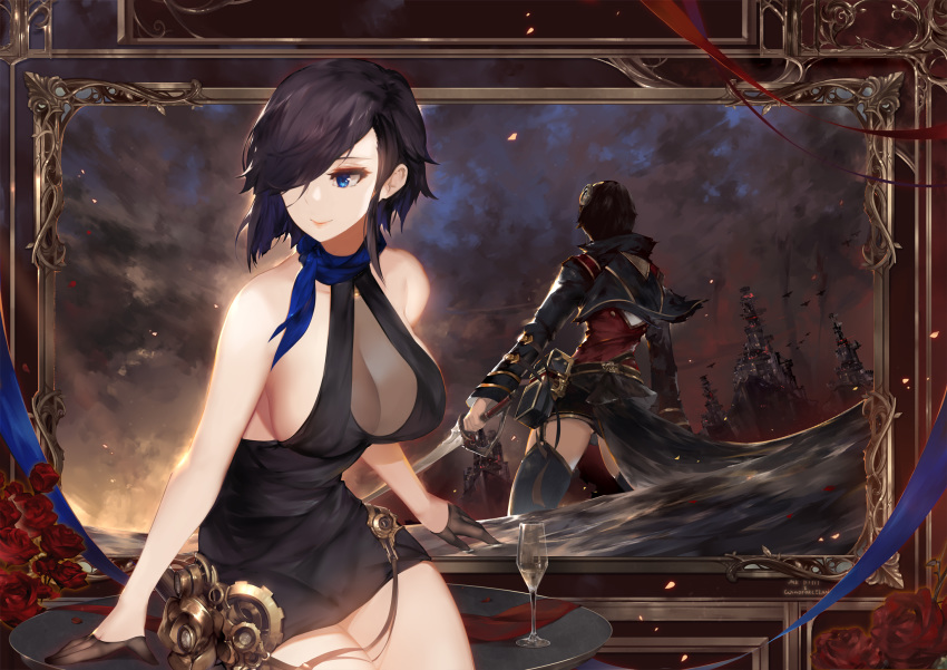 1girl ark_royal_(azur_lane) ark_royal_(guardian_of_the_ball)_(azur_lane) azur_lane bangs battleship black_gloves black_hair blue_eyes bouquet breasts cleavage closed_mouth commentary_request cravat dress evening_gown flower gloves hair_over_one_eye half_gloves highres holding holding_sword holding_weapon large_breasts looking_to_the_side military military_vehicle multiple_views ocean painting_(object) rose ship short_hair sidelocks sitting sitting_on_table smile sword table warship watercraft weapon windforcelan