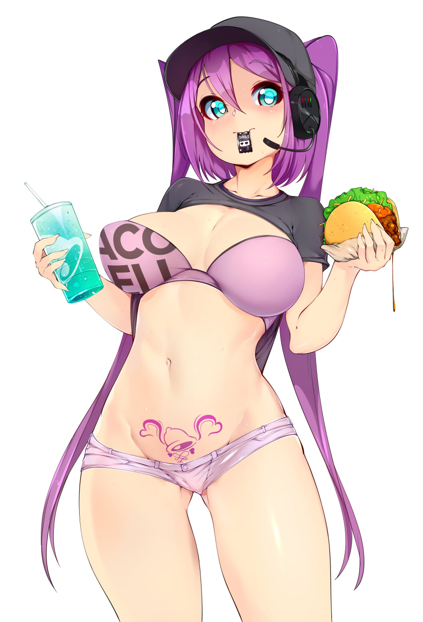 1girl absurdres baseball_cap black_headwear blue_eyes bra breasts cowboy_shot cup disposable_cup drinking_straw eyebrows_visible_through_hair hair_between_eyes hat headset highres holding holding_cup large_breasts long_hair looking_at_viewer micro_shorts mouth_hold navel original pubic_tattoo purple_hair short_sleeves shorts simple_background slugbox solo taco taco_bell tattoo twintails underwear very_long_hair white_background