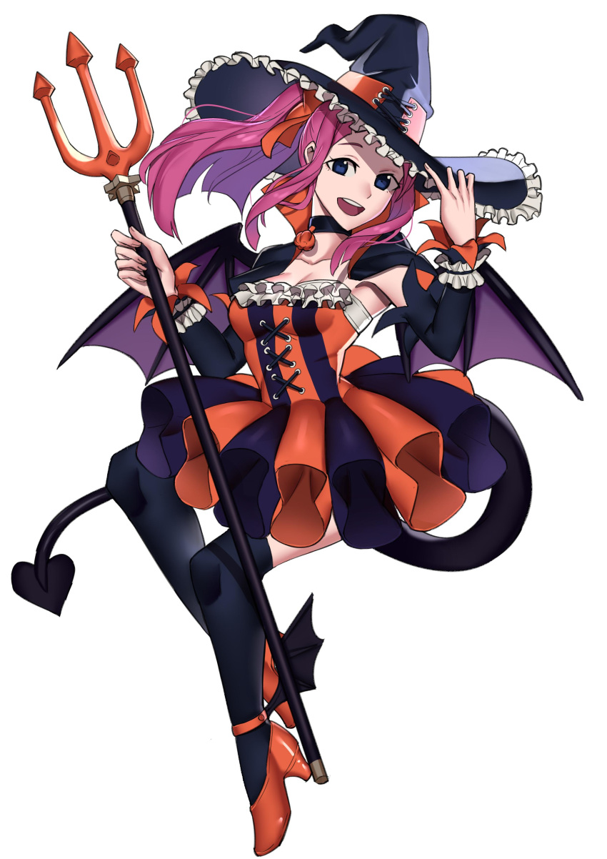 1girl absurdres black_legwear blue_eyes choker commission cosplay demon_tail demon_wings ebinku elizabeth_bathory_(halloween_caster)_(fate) elizabeth_bathory_(halloween_caster)_(fate)_(cosplay) fate/grand_order fate_(series) felicia_(fire_emblem) fire_emblem fire_emblem_fates full_body halloween_costume hat high_heels highres holding long_hair long_sleeves open_mouth pink_hair polearm simple_background solo tail thighhighs trident weapon white_background wings witch_hat