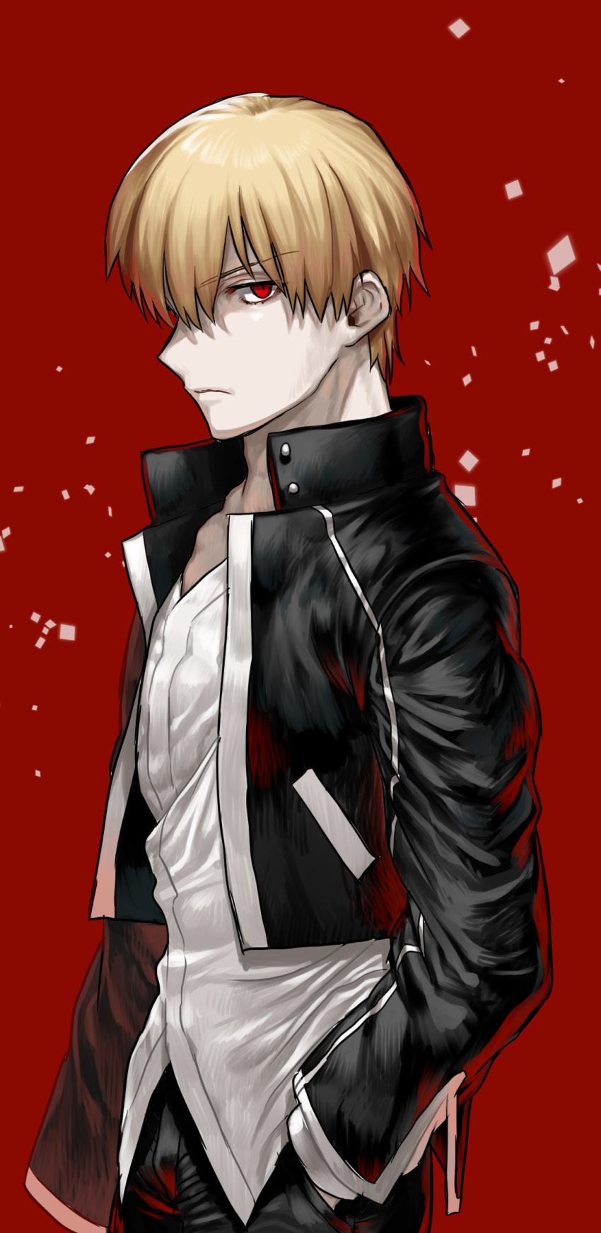 1girl black_jacket black_pants blonde_hair closed_mouth dress_shirt eyebrows_visible_through_hair fate/stay_night fate_(series) gilgamesh hair_between_eyes hand_in_pocket highres jacket kmk long_sleeves looking_at_viewer open_clothes open_jacket pants profile red_background red_eyes shirt solo standing white_shirt