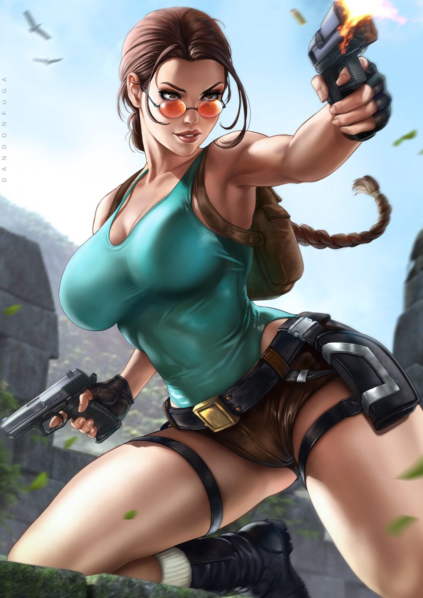 1girl action aiming backpack bag belt black_gloves boots braid breasts brown_eyes brown_hair brown_shorts cleavage collarbone combat_boots dandon_fuga day eyelashes finger_on_trigger fingerless_gloves firing forehead gloves great_wall_of_china green_leotard gun handgun highleg highleg_leotard highres holster lara_croft large_breasts leotard leotard_under_clothes lips long_braid long_hair makeup mascara muzzle_flash nose orange-tinted_eyewear pistol round_eyewear running short_shorts shorts single_braid socks solo sunglasses thigh_holster tomb_raider weapon