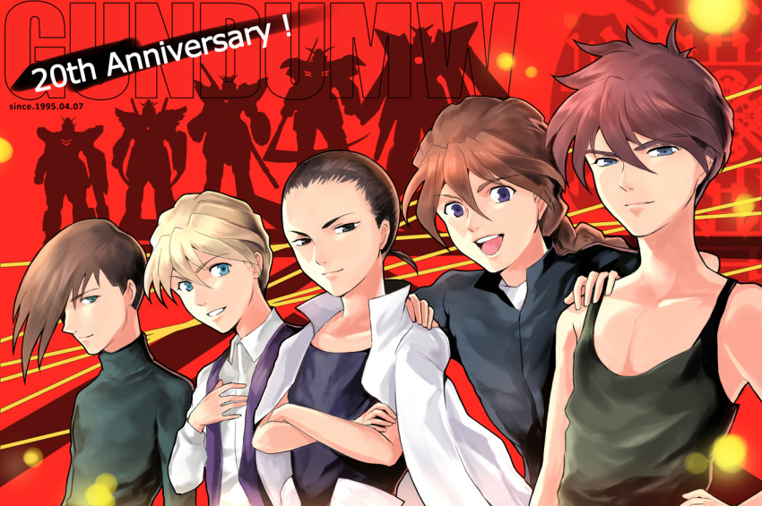 black_eyes blue_eyes braid brown_hair chang_wufei collarbone copyright_name crossed_arms duo_maxwell enemy32 green_shirt gundam gundam_wing hair_over_one_eye hand_on_another's_shoulder heero_yuy jacket_on_shoulders long_hair looking_at_viewer male_focus mecha multiple_boys open_mouth purple_eyes quatre_raberba_winner shirt single_braid smile sweater teeth trowa_barton upper_body vest