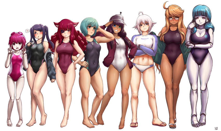 6+girls ahoge alma_armas android animal_ears blonde_hair blue_hair cat_ears commentary competition_swimsuit crossed_arms cybernetic_eye dana_zane dorothy_haze finalcake green_hair highres jacket jill_stingray kira_miki multiple_girls one-piece_swimsuit pose purple_hair red_hair sei_asagiri stella_hoshii streaming-chan swimsuit va-11_hall-a white_hair