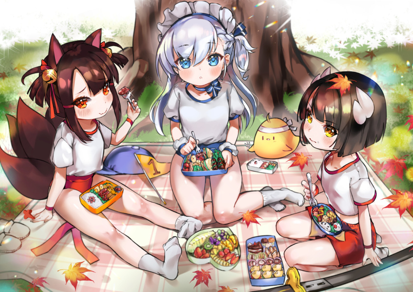 3: 3girls akagi-chan_(azur_lane) alraco animal_ears autumn_leaves azur_lane baozi belchan_(azur_lane) belfast_(azur_lane) bird black_hair blue_eyes blurry braid brown_hair buruma chick choker chopsticks commentary_request depth_of_field food fox_ears fox_tail gym_uniform hat hat_removed headwear_removed hiei-chan_(azur_lane) highres holding horns katana leaf long_hair looking_at_viewer maid_headdress manjuu_(azur_lane) maple_leaf multiple_girls multiple_tails obentou one_side_up orange_eyes parted_lips seiza short_hair silver_hair single_braid sitting smile sports_festival sword tail wariza weapon white_legwear yellow_eyes