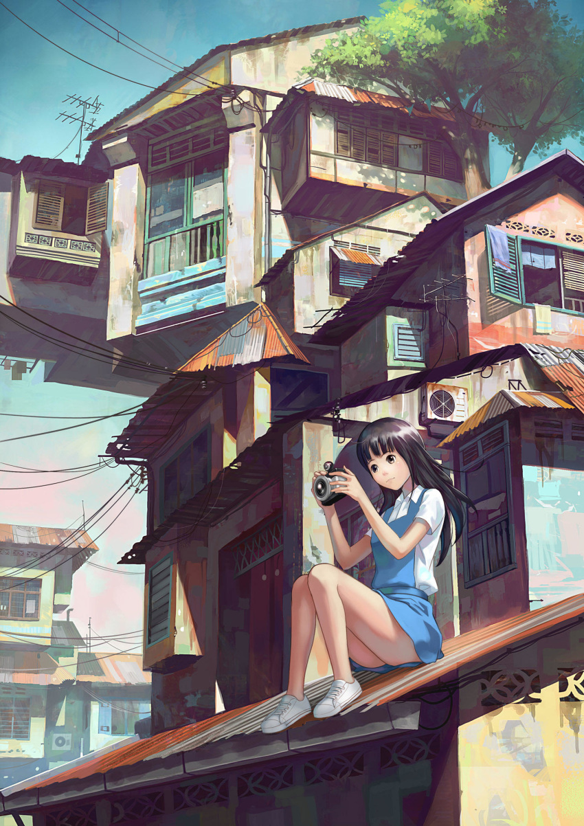 1girl bangs brown_eyes brown_hair camera chong_feigiap day highres house long_hair original power_lines radio_antenna rooftop school_uniform shoes sitting sitting_on_roof sky solo towel tree tree_shade