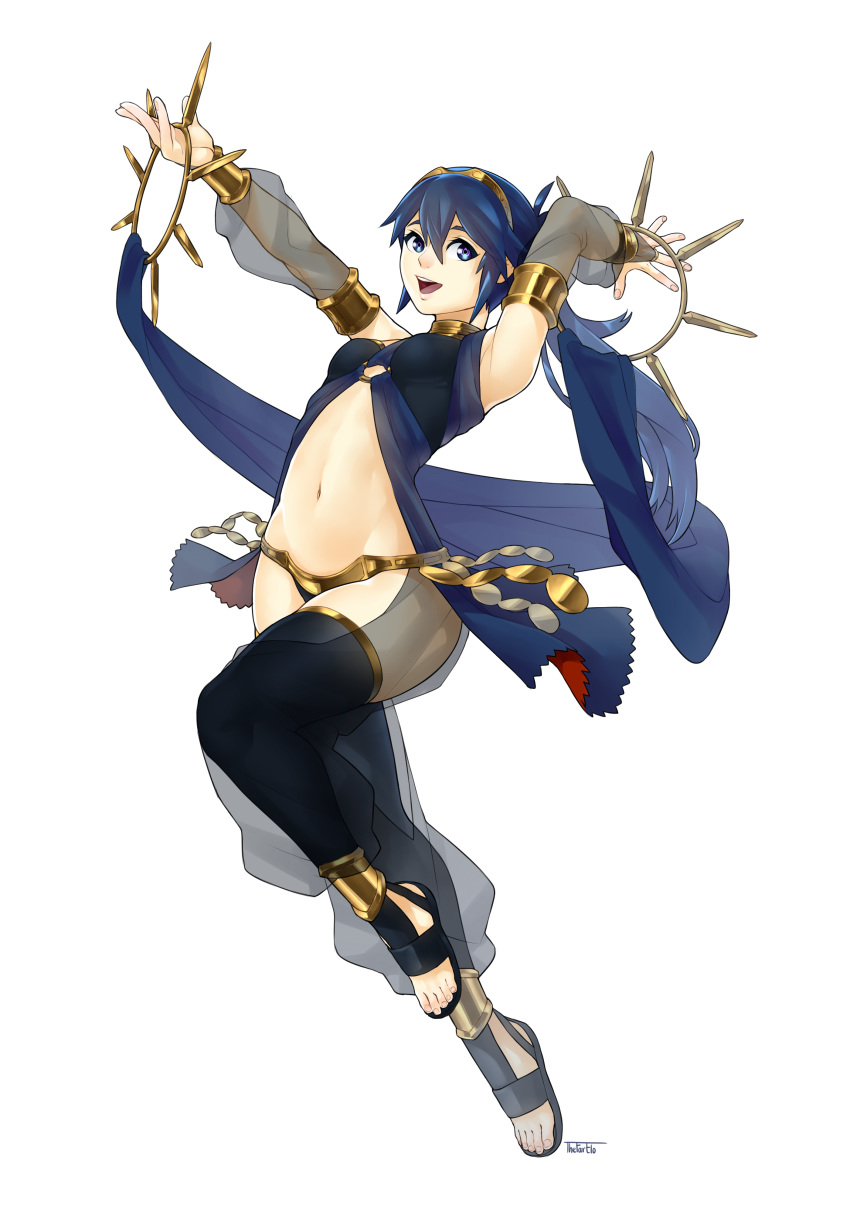 1girl :d absurdres black_legwear blue_eyes blue_hair bracelet breasts bridal_gauntlets detached_sleeves fire_emblem fire_emblem_awakening floating_hair full_body hair_between_eyes hairband highres jewelry leg_up leg_warmers long_hair long_sleeves looking_at_viewer lucina_(fire_emblem) midriff nail_polish navel open_mouth panties pink_nails see-through simple_background small_breasts smile solo stomach thefarelo underwear white_background yellow_hairband