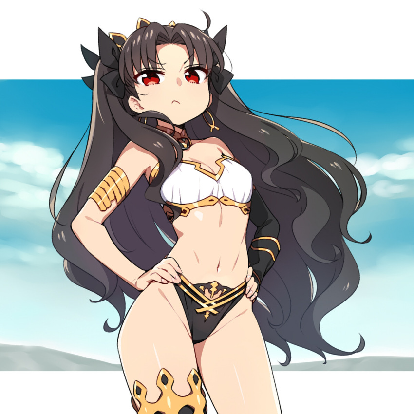 &gt;:( 1girl armlet black_hair breasts chan_co cleavage closed_mouth contrapposto cowboy_shot detached_sleeves earrings fate/grand_order fate_(series) frown hands_on_hips highres hoop_earrings ishtar_(fate/grand_order) jewelry long_hair midriff navel necklace outdoors outside_border red_eyes single_detached_sleeve sky small_breasts solo two_side_up