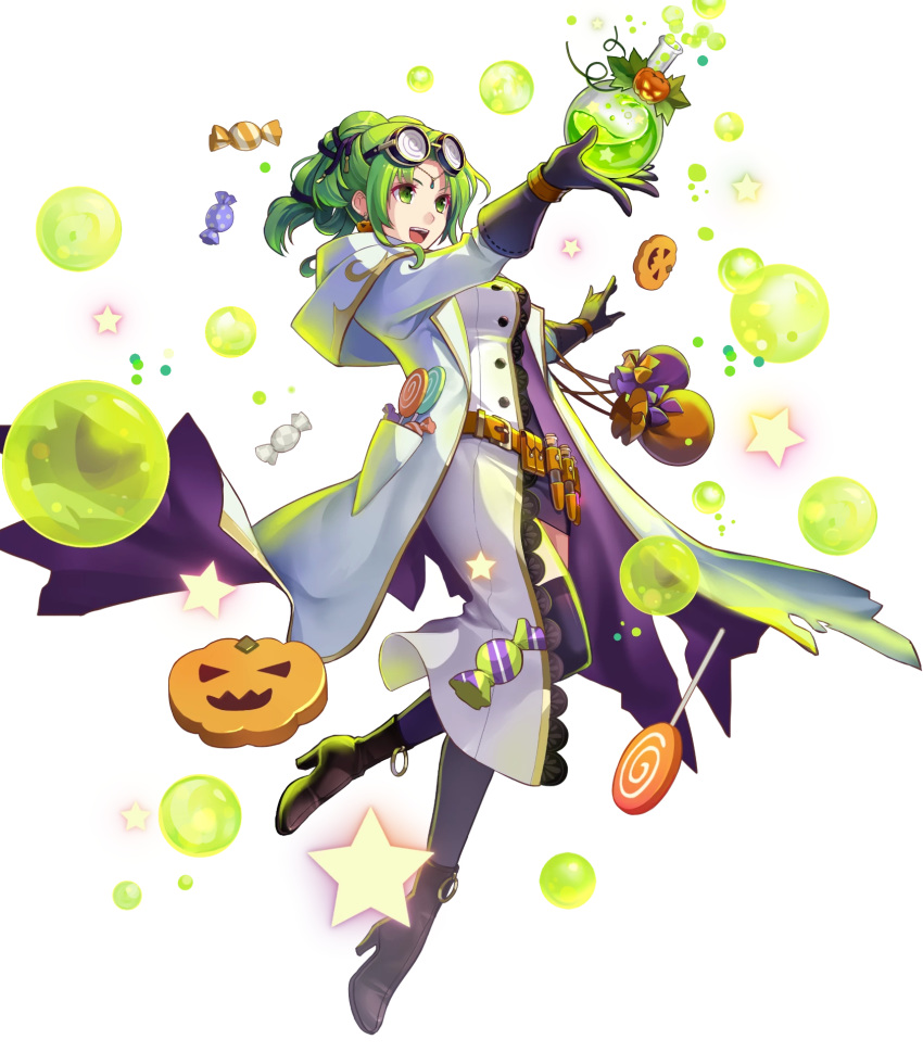 1girl alternate_costume ankle_boots bangs black_footwear black_legwear boots breasts buttons candy coat earrings eyewear_on_head fire_emblem fire_emblem:_the_sacred_stones fire_emblem_heroes food full_body glasses gloves green_eyes green_hair halloween_costume high_heel_boots high_heels highres holding jewelry konfuzikokon l'arachel_(fire_emblem) labcoat long_hair looking_away medium_breasts official_art open_mouth shiny shiny_hair smile solo test_tube thighhighs tied_hair transparent_background turtleneck