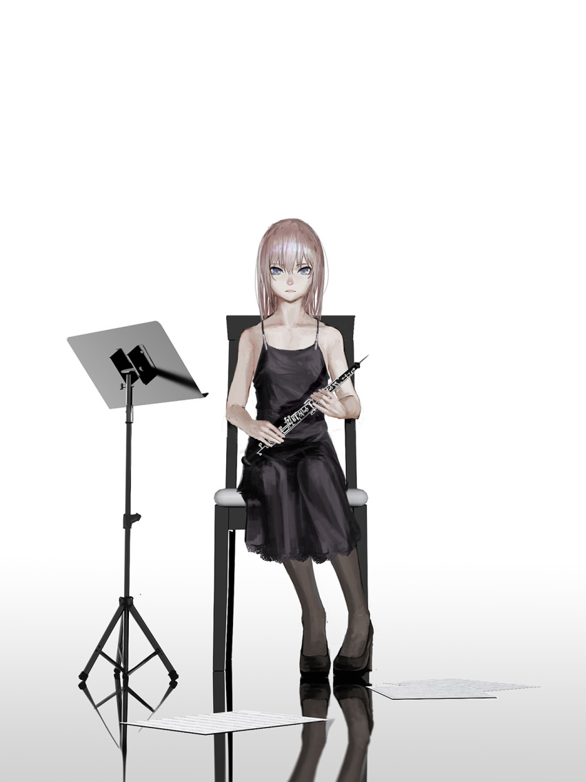 1girl black_dress black_footwear black_legwear blue_eyes breasts brown_hair chair dress full_body girls_frontline highres instrument long_hair looking_at_viewer music_stand oboe pantyhose reflection reflective_floor sheet_music simple_background sitting sleeveless sleeveless_dress small_breasts solo st_ar-15_(girls_frontline) tacshojosora white_background