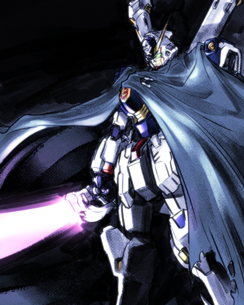 beam_saber cape crossbone_gundam crossbone_gundam_x-1 dark glowing glowing_eyes glowing_mouth green_eyes gundam highres ishiyumi looking_at_viewer mecha no_humans standing