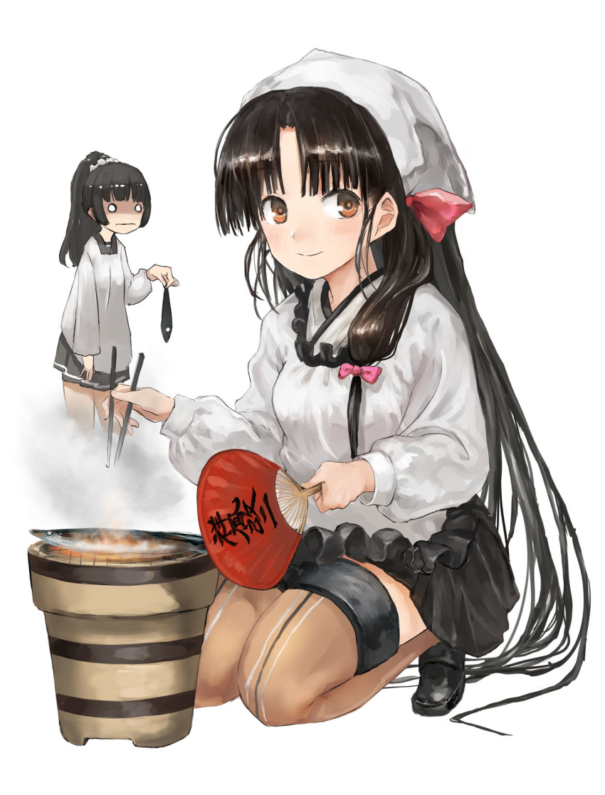 2girls bangs black_footwear black_hair black_skirt blush brown_eyes brown_legwear chopsticks closed_mouth commentary cooking eyebrows_visible_through_hair fan fish frills grill hair_ornament hair_over_shoulder hair_scrunchie head_scarf highres holding holding_chopsticks holding_fan isokaze_(kantai_collection) japanese_clothes kantai_collection kappougi long_hair long_sleeves low-tied_long_hair multiple_girls o_o paper_fan pleated_skirt ponytail saury scrunchie shichirin shouhou_(kantai_collection) simple_background skirt smile smock squatting standing thighhighs toka_(marchlizard) uchiwa white_background