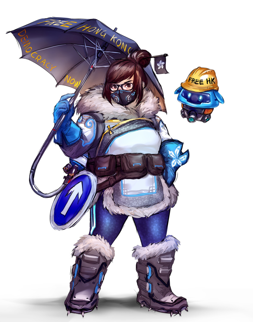 1girl black-framed_eyewear blue_gloves boots brown_eyes brown_hair coat drone english_commentary full_body fur-trimmed_jacket fur_boots fur_coat fur_trim glasses gloves hair_bun hair_ornament hair_stick half_mask hardhat helmet highres hong_kong_regional_flag jacket mei_(overwatch) overwatch propaganda road_sign short_hair sign snow_boots snowball_(overwatch) spiked_boots standing umbrella wenqing_yan white_background winter_clothes winter_coat