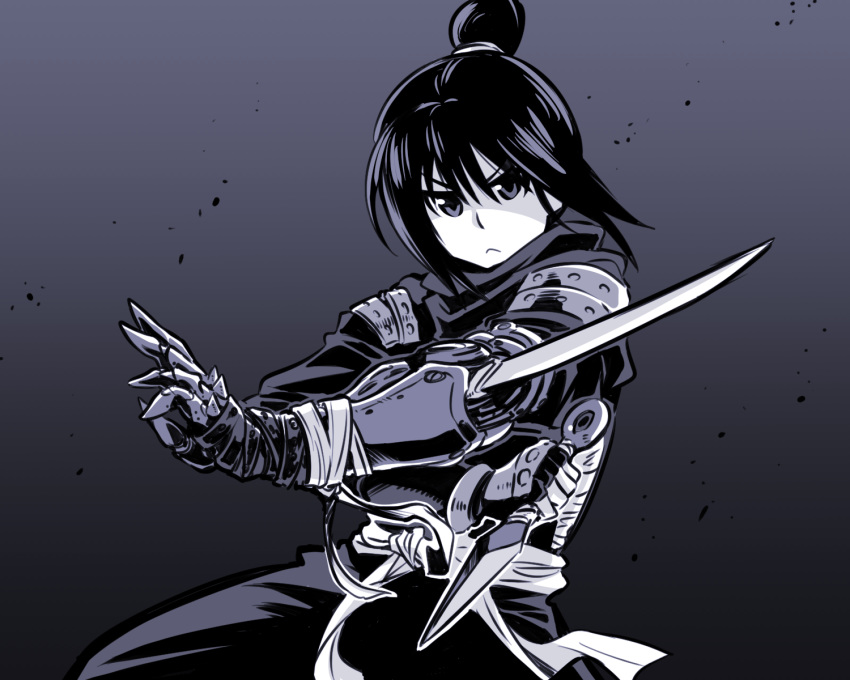 1girl :&lt; bandaged_arm bandages bangs cowboy_shot elbow_blade fighting_stance fullmetal_alchemist hair_between_eyes hair_bun highres holding holding_knife holding_weapon ishiyumi knife kunai lan_fan long_hair looking_at_viewer mechanical_arm monochrome reverse_grip serious solo weapon