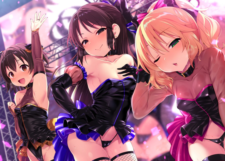 3girls :o akagi_miria arm_up armpits ass_visible_through_thighs bangs black_gloves black_panties blonde_hair blush bow breasts brown_eyes brown_hair cleavage clenched_hand closed_mouth collar collarbone concert covered_nipples earrings elbow_gloves fingerless_gloves fingernails fishnets gloves green_eyes hair_between_eyes hair_bow hand_in_hair hand_on_hip hand_on_own_chest idolmaster idolmaster_cinderella_girls indoors jewelry long_hair looking_at_viewer multiple_girls naughty_face navel one_eye_closed open_mouth panties pantyshot pose ring sakurai_momoka satou_kuuki shiny shiny_clothes side_ponytail skin_tight small_breasts smile stage standing stomach sweat tachibana_arisu thick_thighs thigh_strap thighhighs thighs two_side_up underwear