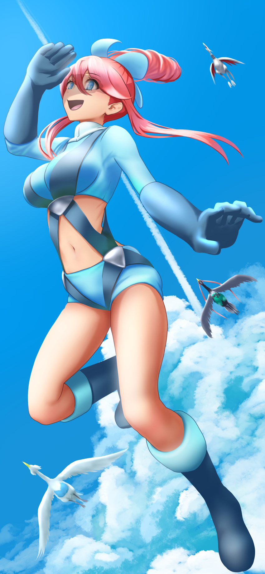 1girl :d absurdres arm_up bangs blue_eyes blue_footwear blue_gloves blue_jacket blue_shorts blue_sky boots breasts cloud commentary_request cropped_jacket day elbow_gloves eyebrows_visible_through_hair floating floating_hair flying folded_leg full_body gloves hair_between_eyes hair_ornament highres jacket large_breasts long_hair looking_up midriff nabe_saori navel one_side_up open_mouth pokemon pokemon_(creature) pokemon_(game) pokemon_bw red_hair shading_eyes short_shorts shorts sidelocks skarmory sky skyla_(pokemon) smile solo_focus swanna swept_bangs thigh_pouch turtleneck turtleneck_jacket unfezant unfezant_(male)