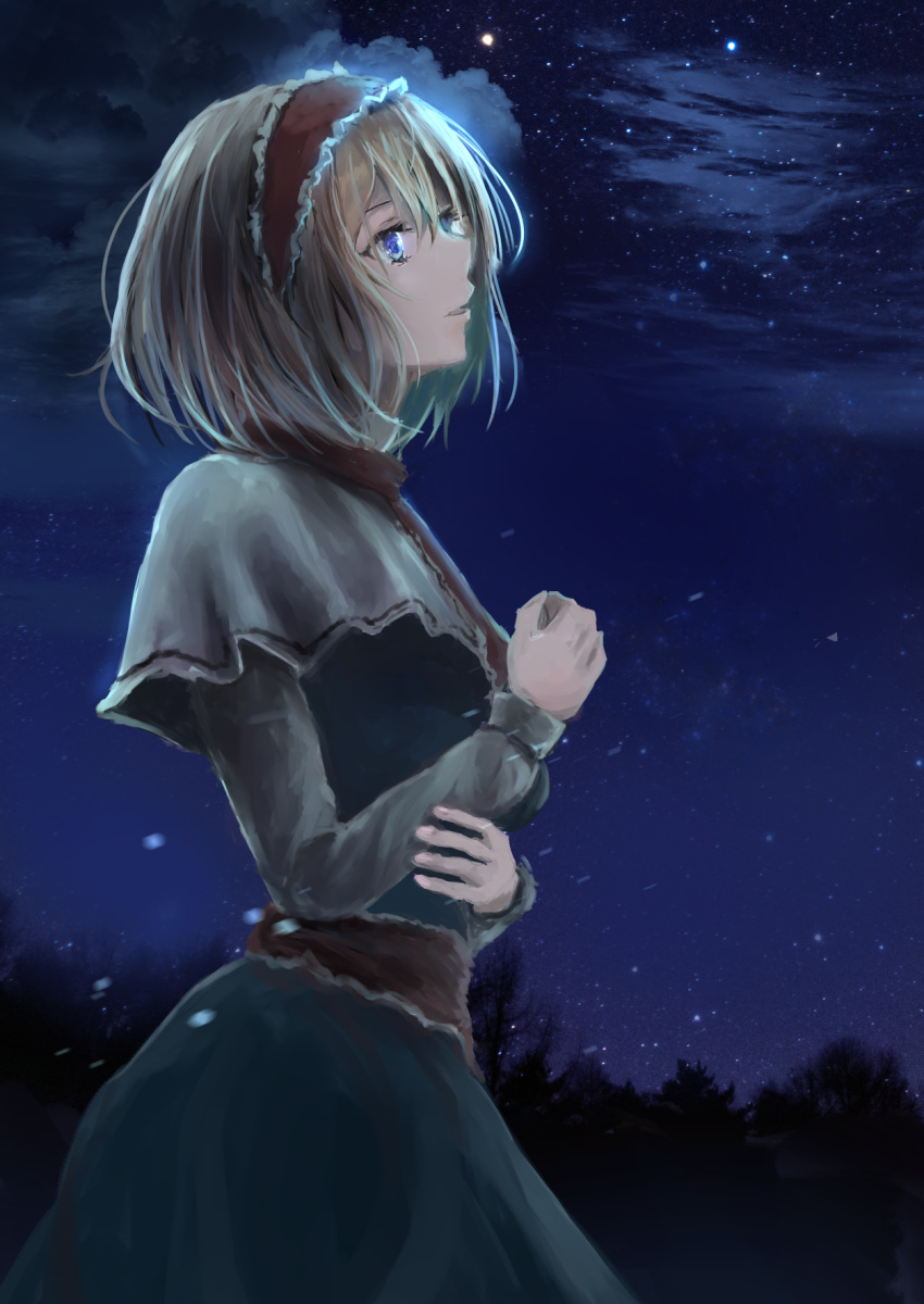 1girl alice_margatroid arm_holding blonde_hair blue_dress blue_eyes capelet cloud commentary_request cowboy_shot dress hair_between_eyes hairband highres kisuke1212 light_particles lolita_hairband long_sleeves looking_away looking_up neck_ribbon night night_sky open_mouth outdoors parted_lips partial_commentary red_neckwear ribbon short_hair sky solo standing star_(sky) starry_sky touhou tree white_capelet