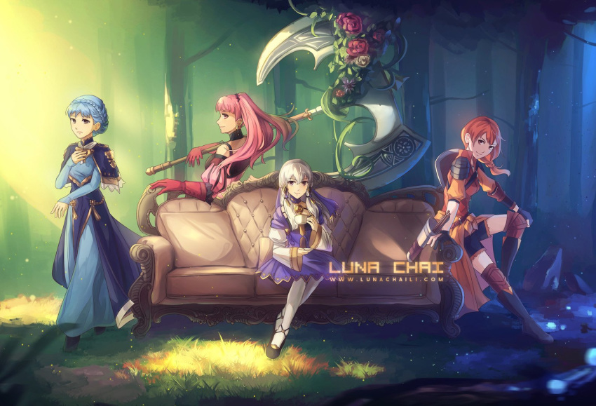 4girls arrow artist_name axe black_gloves blue_hair braid brown_eyes closed_mouth couch crown_braid cup dress earrings fire_emblem fire_emblem:_three_houses flower from_side gloves grass hair_ornament hilda_valentine_goneril holding holding_axe holding_cup jewelry leonie_pinelli long_hair long_sleeves looking_to_the_side lunachaili lysithea_von_ordelia marianne_von_edmund multiple_girls orange_hair pink_eyes pink_hair ponytail quiver red_gloves shorts sitting smile teacup tree watermark web_address white_hair white_legwear