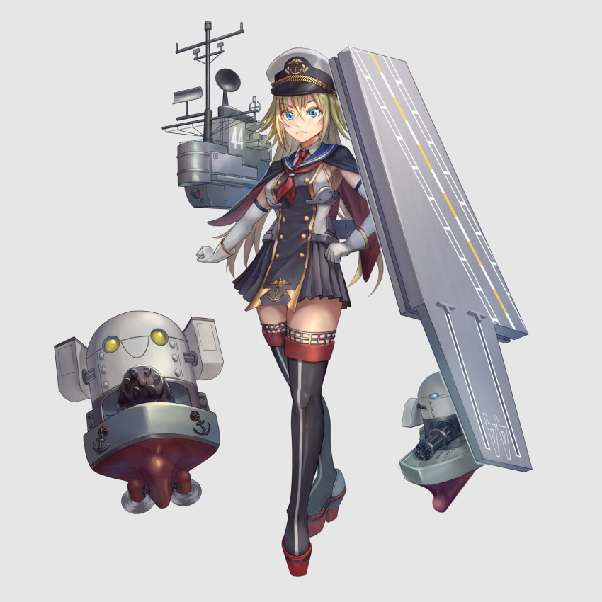 1girl black_capelet black_skirt blonde_hair blue_eyes capelet clenched_hand elbow_gloves frown full_body gatling_gun gloves gold_trim hat highres leyte_gulf_(steelblue_mirage) long_hair military_hat minigun platform_footwear pleated_skirt radar_dish robot school_uniform serafuku simple_background skirt solo standing steelblue_mirage thighhighs white_background white_gloves yudoufu_(unify)