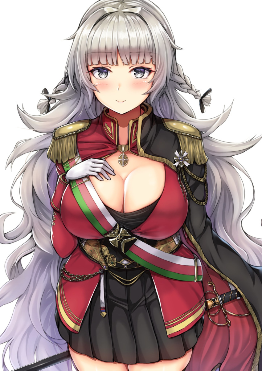 azur_lane bangs black_dress blunt_bangs blush breasts buranketo_2 cape cleavage closed_mouth corset dress epaulettes from_above gloves gold_trim grey_eyes hand_on_own_chest high_collar highres jacket large_breasts long_hair long_sleeves looking_at_viewer medallion messy_hair pleated_dress red_jacket saber_(weapon) sheath sheathed sidelocks simple_background smile standing sword very_long_hair vittorio_veneto_(azur_lane) weapon white_background white_gloves