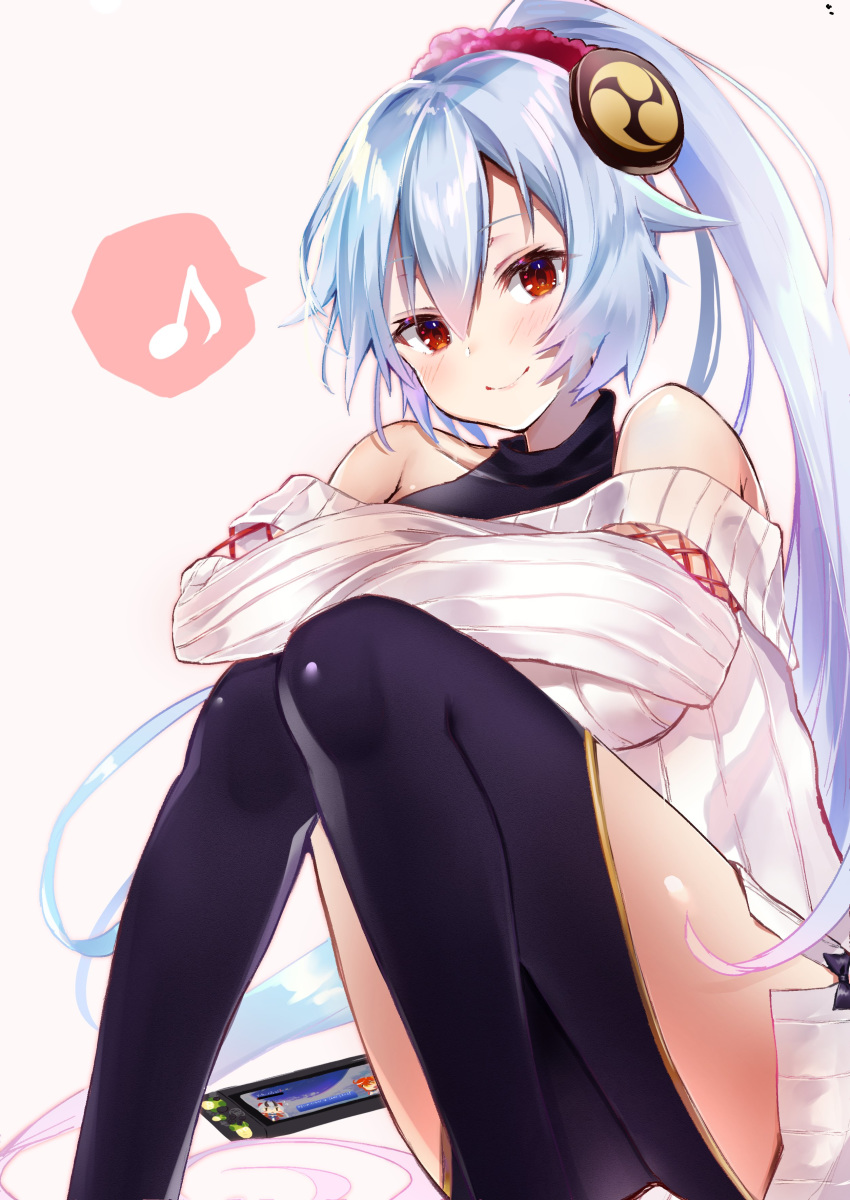 1girl absurdres bangs bare_shoulders blue_hair blush cellphone collarbone commentary_request fate/grand_order fate_(series) feet_out_of_frame felnemo gradient_hair hair_between_eyes hair_ornament hair_scrunchie highres knees_together_feet_apart knees_up long_hair long_sleeves looking_at_viewer multicolored_hair musical_note off-shoulder_sweater off_shoulder phone ponytail red_eyes ribbed_sweater scrunchie silver_hair sitting smartphone smile solo spoken_musical_note sweater thighs tomoe_gozen_(fate/grand_order) very_long_hair