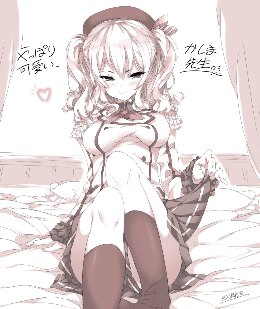 1girl absurdres alabaster_(artist) bed breasts buttons commentary_request cowboy_shot epaulettes highres jacket kantai_collection kashima_(kantai_collection) kneehighs lifted_by_self long_sleeves medium_breasts military military_jacket military_uniform miniskirt monochrome neckerchief no_shoes pillow pleated_skirt sepia sidelocks sitting skirt skirt_lift solo translated tsurime twintails uniform wavy_hair white_jacket window