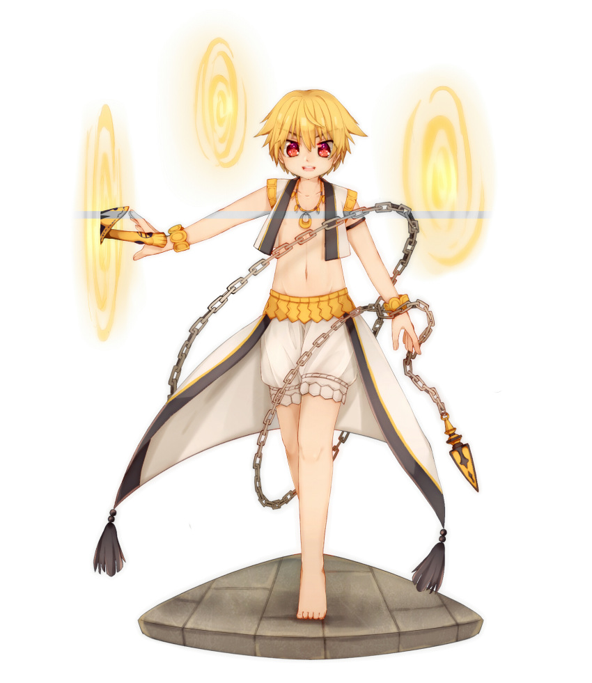 1boy barefoot blonde_hair chain chest child_gilgamesh enkidu_(weapon) eyuzi_i fate/grand_order fate/hollow_ataraxia fate_(series) gate_of_babylon hair_between_eyes highres looking_at_viewer male_focus navel red_eyes shorts solo vest