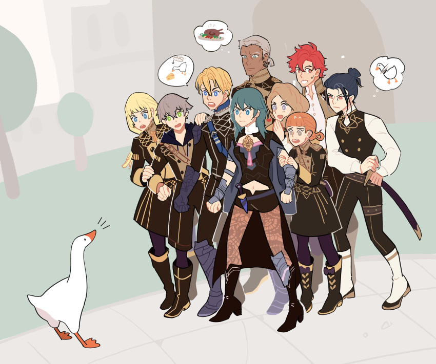 4girls 5boys absurdres annette_fantine_dominic aqua_hair armored_boots ashe_ubert bangs bird black_dress black_footwear black_pants black_vest blonde_hair blue_eyes blunt_bangs boots breasts brown_eyes brown_hair brown_legwear byleth_(fire_emblem) byleth_(fire_emblem)_(female) chestnut_mouth clenched_hand clenched_hands closed_mouth crossover dagger dark_skin dark_skinned_male dedue_molinaro dimitri_alexandre_blaiddyd dress earrings english_commentary eyebrows_visible_through_hair felix_hugo_fraldarius fire_emblem fire_emblem:_three_houses flat_chest flying_sweatdrops full_body garreg_mach_monastery_uniform gauntlets goose goose_(untitled_goose_game) grass green_eyes grey_footwear grey_hair hair_between_eyes hair_bun hands_up happy heart high_heels highres ingrid_brandl_galatea jewelry jpeg_artifacts knee_boots long_hair long_sleeves looking_to_the_side mercedes_von_martritz multiple_boys multiple_girls navel navel_cutout nervous notice_lines open_mouth orange_hair outdoors pants pantyhose prinzcake purple_legwear red_hair scared shirt short_hair short_sleeves small_breasts speech_bubble standing sweat sword sylvain_jose_gautier talking teeth thought_bubble tied_hair tree untitled_goose_game vambraces vest weapon white_footwear white_shirt