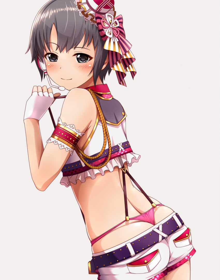 1girl ass bangs bare_shoulders blush commentary_request eyebrows_visible_through_hair fingerless_gloves from_behind gloves hadome hair_ornament hair_ribbon hat highres idolmaster idolmaster_cinderella_girls idolmaster_cinderella_girls_starlight_stage looking_at_viewer multicolored multicolored_clothes multicolored_hat otokura_yuuki panties pink_panties purple_belt red_headwear ribbon short_hair short_shorts shorts simple_background smile solo suspenders thong underwear white_background white_gloves white_headwear white_shorts