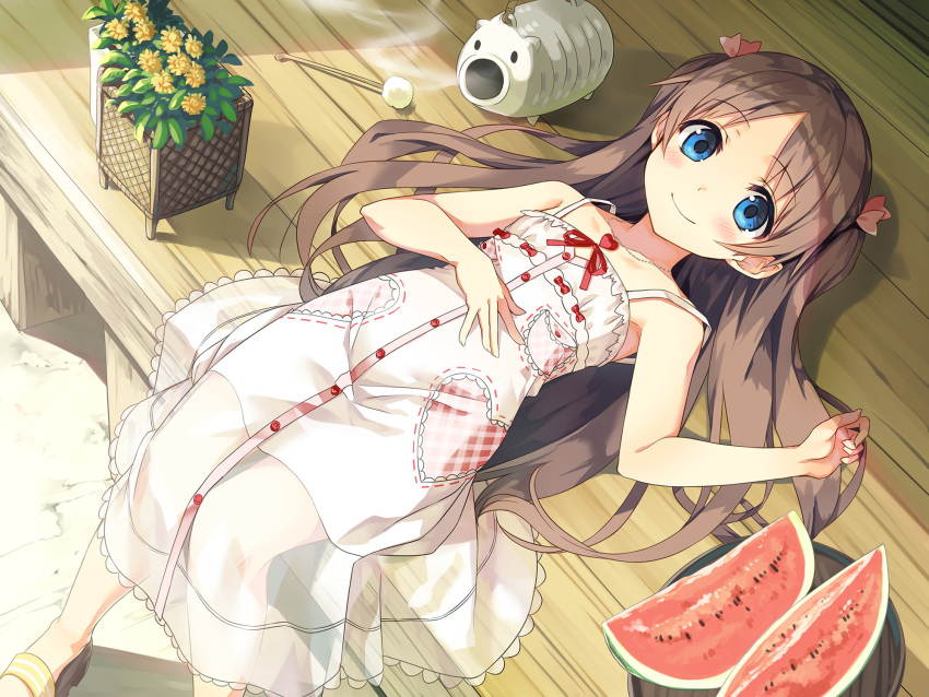 1girl ayakashi_kyoushuutan bangs blue_eyes blush brown_hair cura dress eyebrows_visible_through_hair flat_chest flower food fruit heart_pendant highres kayari_buta long_hair looking_at_viewer lying mimikaki monobeno official_art on_back parted_bangs porch sandals sawai_natsuha see-through smile solo summer very_long_hair watermelon white_dress