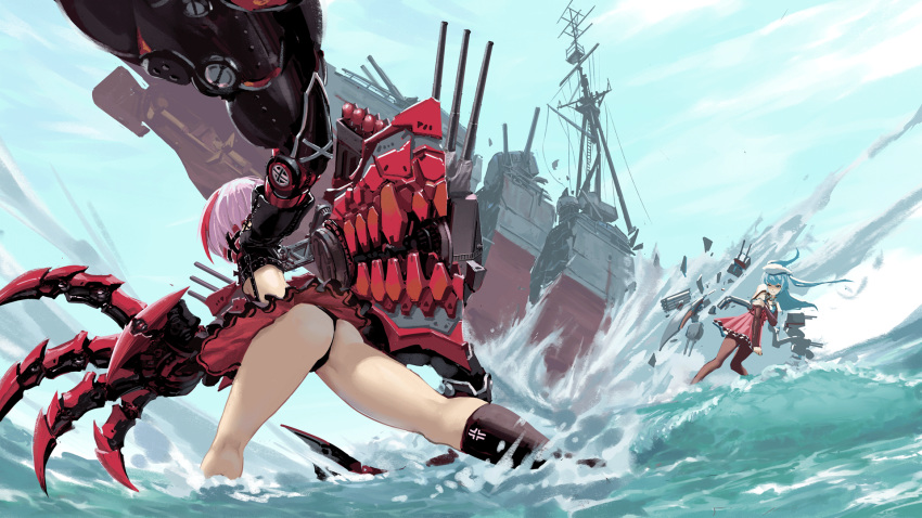 2girls admiral_graf_spee_(azur_lane) ajax_(azur_lane) ass azur_lane black_legwear blue_sky claws crusader_kevin day english_commentary fighting fighting_stance hat highres iron_cross lavender_hair long_hair looking_at_another mechanical_arms multicolored_hair multiple_girls ocean outdoors pantyhose rigging ship short_hair sky standing standing_on_liquid streaked_hair thighs two_side_up watercraft waves white_hair