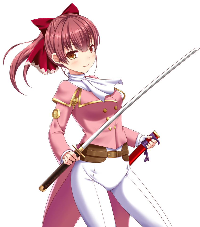 1girl bangs bow breasts brown_eyes brown_hair closed_mouth commentary_request cosplay eyebrows_visible_through_hair hair_between_eyes hair_bow highres holding holding_sheath holding_sword holding_weapon hololive houshou_marine jacket katana ki_(kk-sk-ray) long_hair long_sleeves medium_breasts pants pink_jacket ponytail red_bow sakura_taisen sheath shinguuji_sakura shinguuji_sakura_(cosplay) sidelocks smile solo sword transparent_background unsheathed virtual_youtuber weapon white_neckwear white_pants
